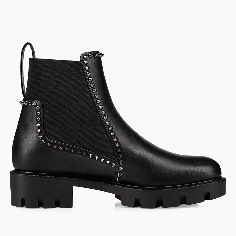 Christian Louboutin Out Lina Spike Lug Boots Black Leather Silver Spike Lug Sole